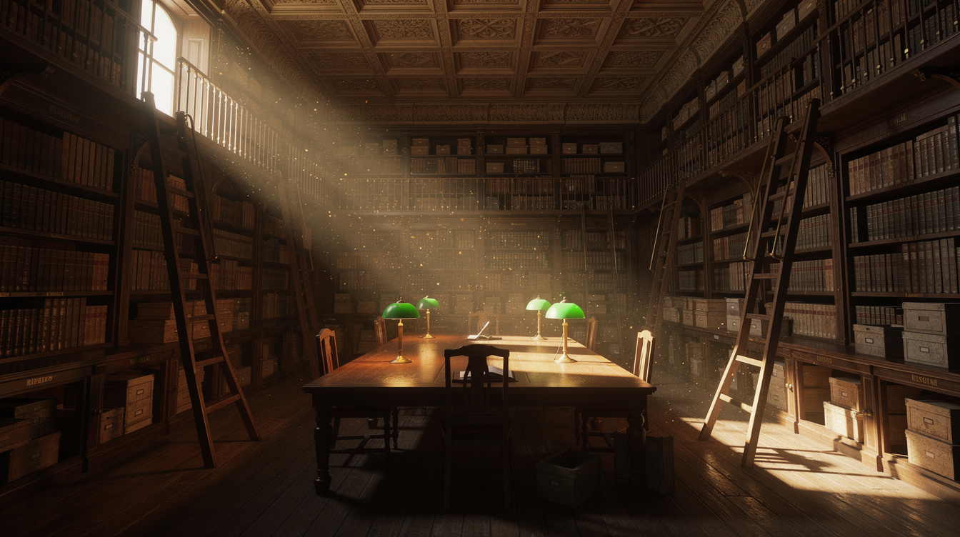Old wooden library archive filled with tall bookshelves and warm reading lamps