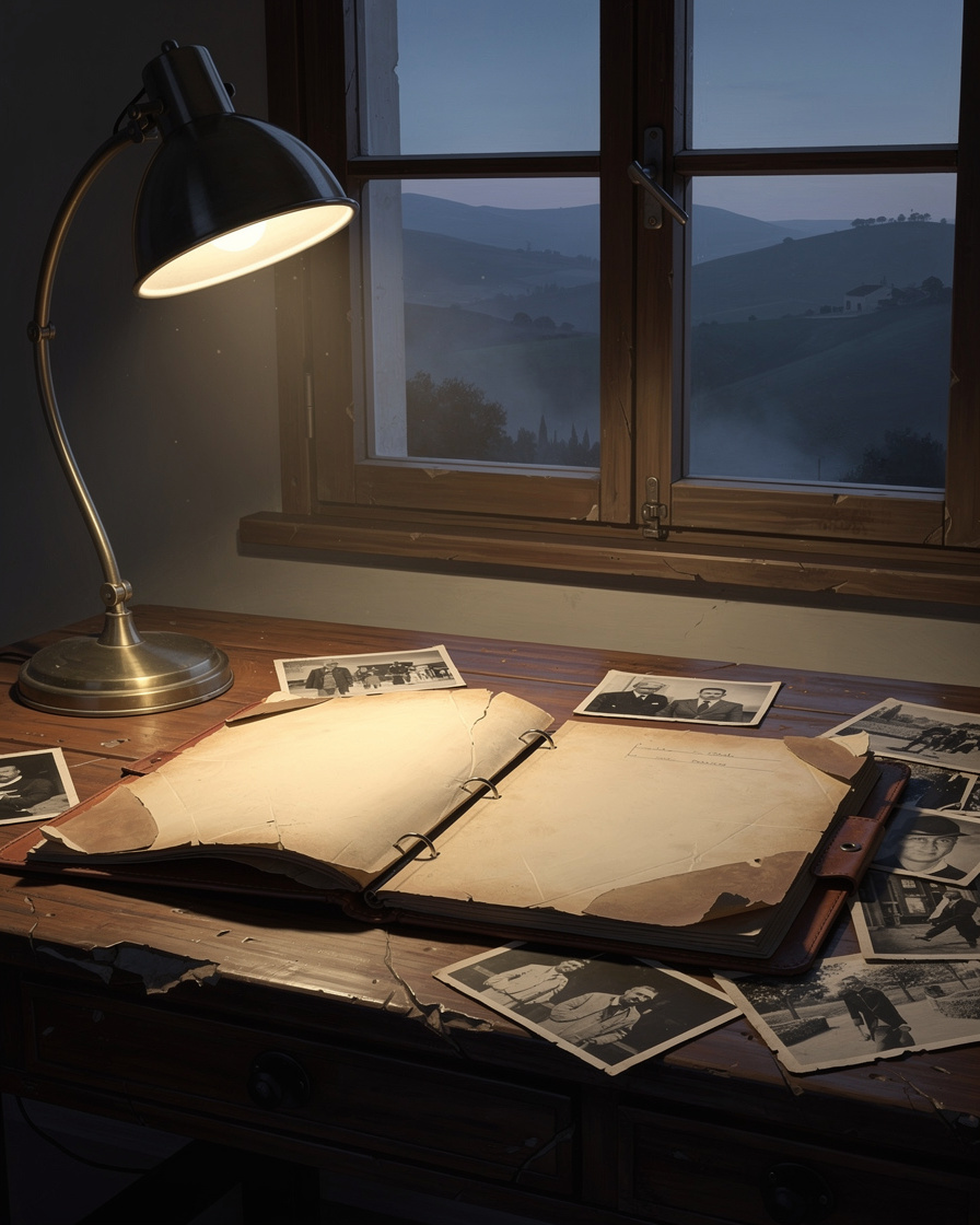 Book cover illustration of a case file folder on a wooden desk for a detective novel titled Expediente Córdoba