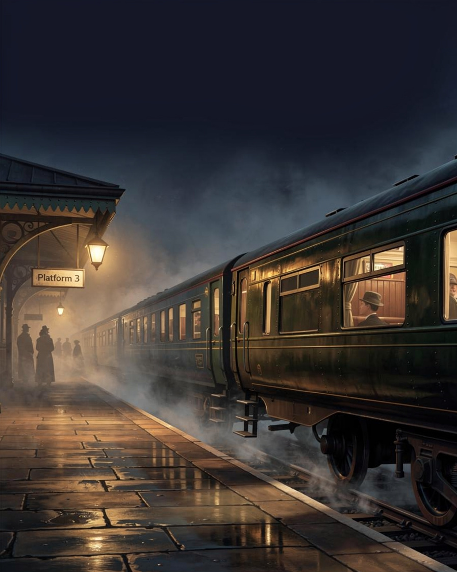 Book cover illustration of a steam train at night for a mystery novel titled El Último Tren a Rosario