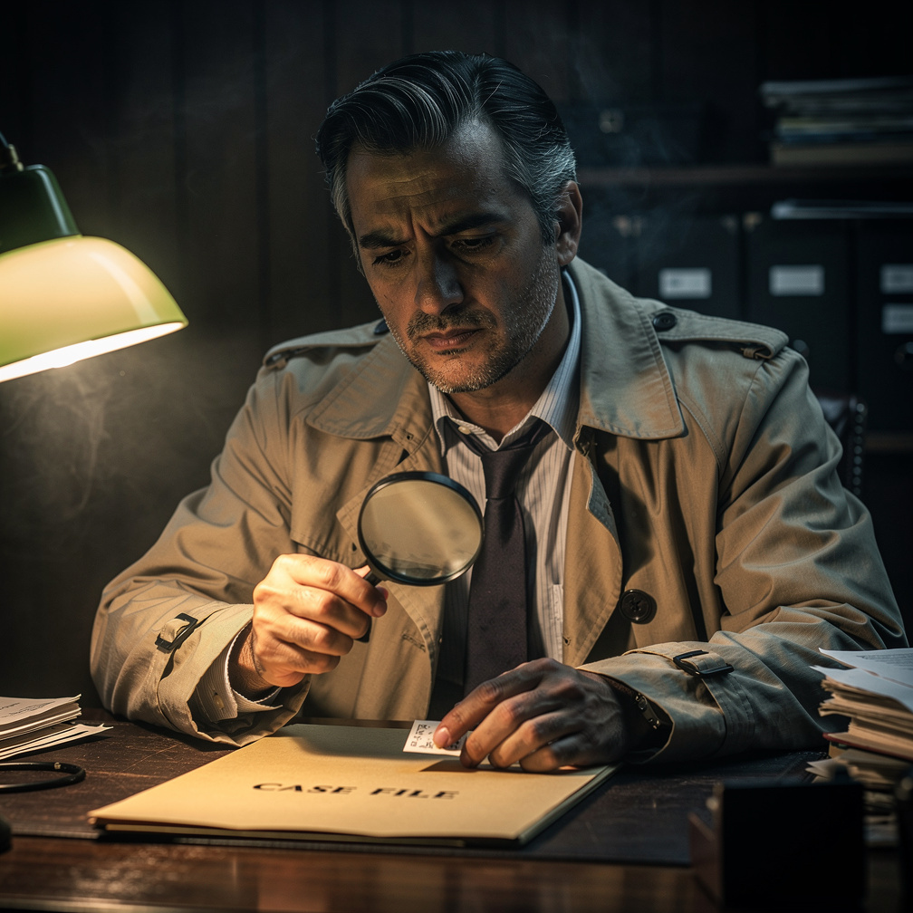 Argentine detective examining a clue with a magnifying glass in a dim office